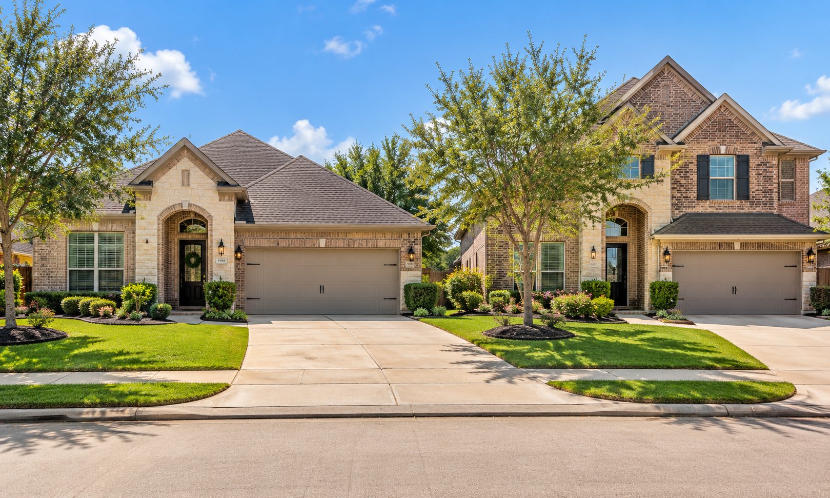 Two neighboring homes on a residential street in Katy, Texas